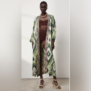 ZARA HANOI EMBROIDERED PRINTED BELTED KIMONO ROBE GREEN SIZE Smal 7521/051